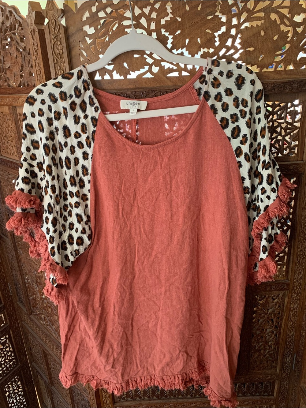 Umgee Coral Tunic Top with Leopard Print Sleeves